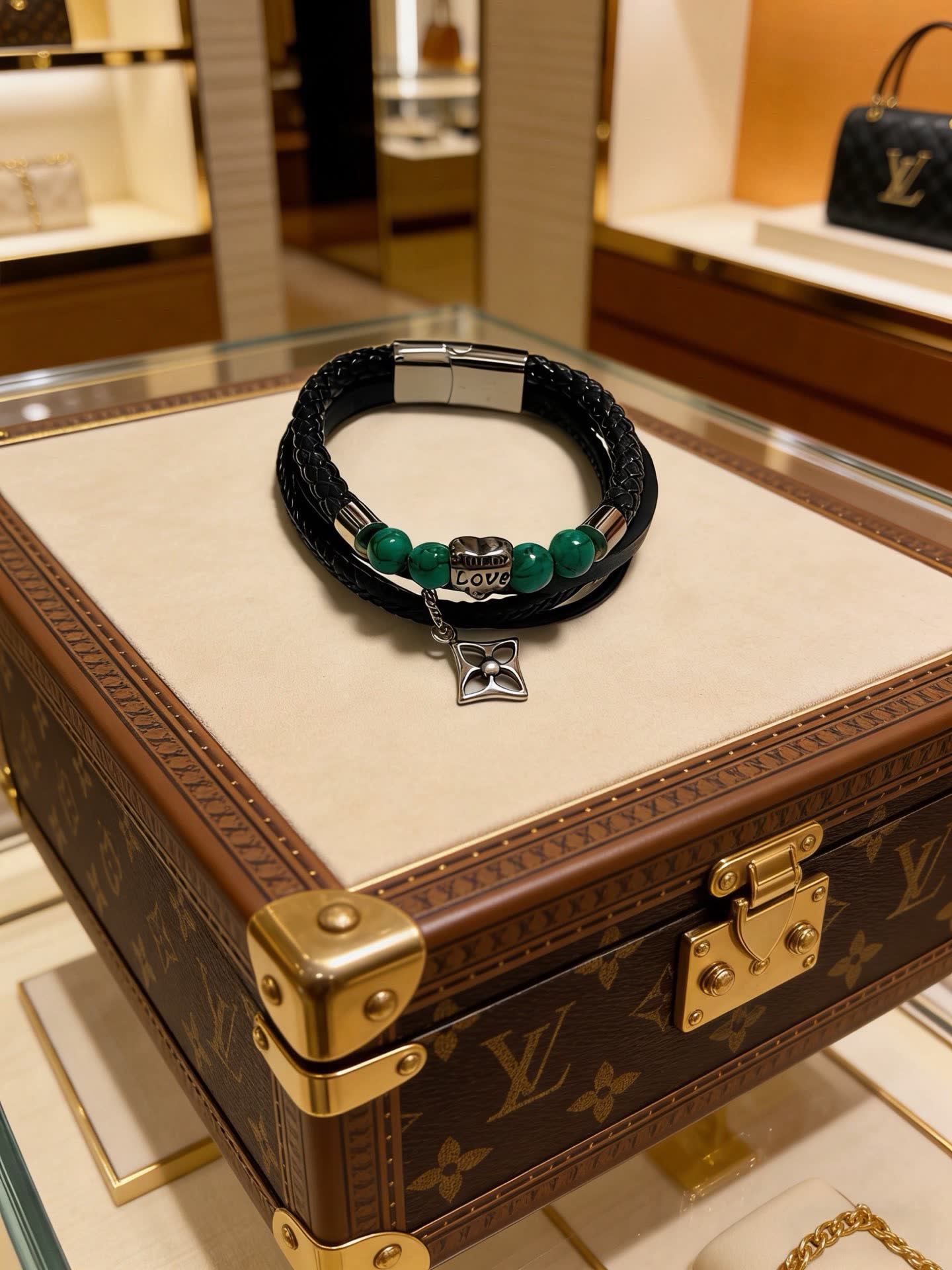 Louis Vuitton Men's Double Wrap Bracelet with Green Beads and Silver Charm